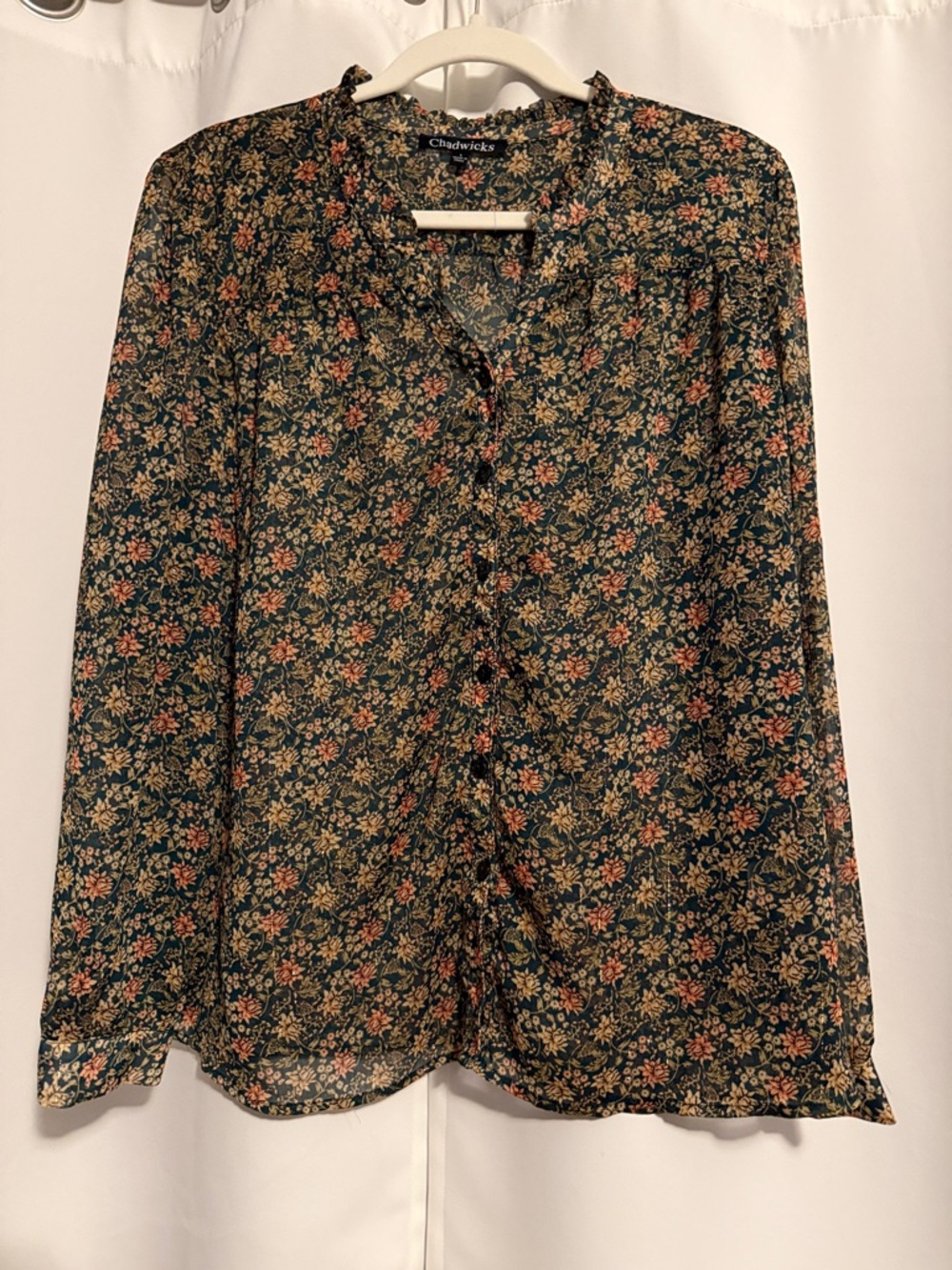 Chadwicks Dark Green Floral Ruffle-Trim Blouse